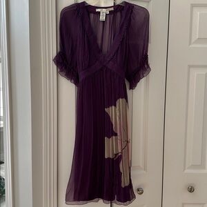Max Studio Purple Wrap Midi Dress with Flutter Sleeves and V-Neck